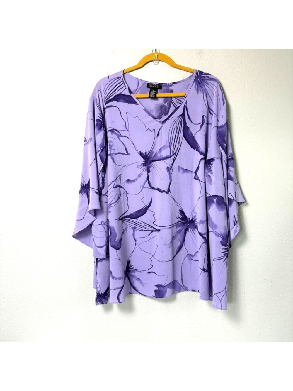 Catherines Black Label Floral Print Top Womens 4X Purple V Neck Pullover Blouse